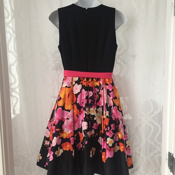sold -Eliza J Black Orange Floral Flare Bell Dress - Picture 6 of 6
